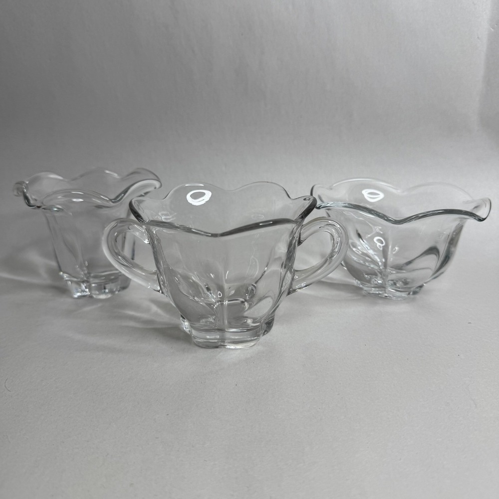 Vintage Duncan‎ Miller Glass Ruffled Scalloped Edge Sugar Bowl & Small Bowls